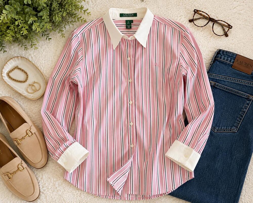 Vintage Lauren Ralph Lauren Pink Striped Cotton Blouse White Collar Preppy M